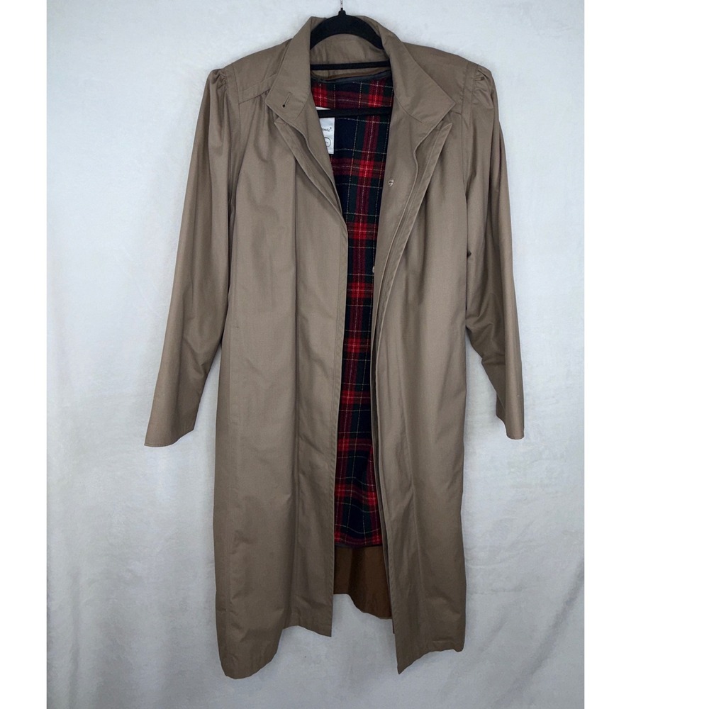 London Fog Maincoats Vintage Tan Trench Coat Plaid Zip Liner‎ Womens 12 Pet USA